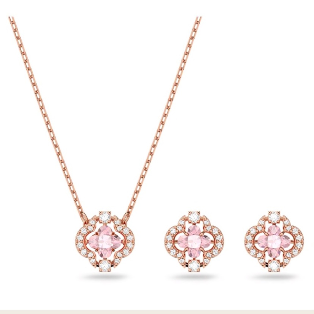 NIB Swarovski Crystal Sparkling Dance Set, Clover, Pink Rose gold tone
